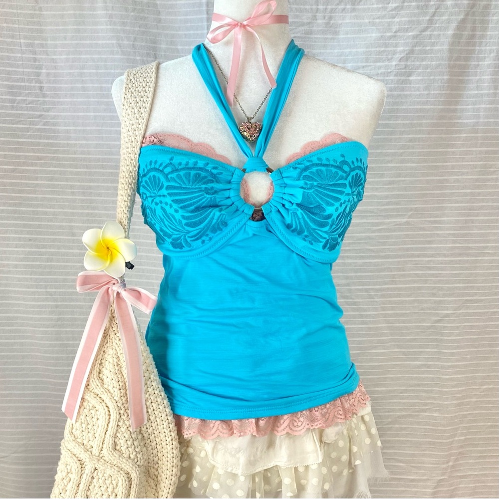 ♡ beachy embroidered tankini halter top with metal o ring detail ♡🥥